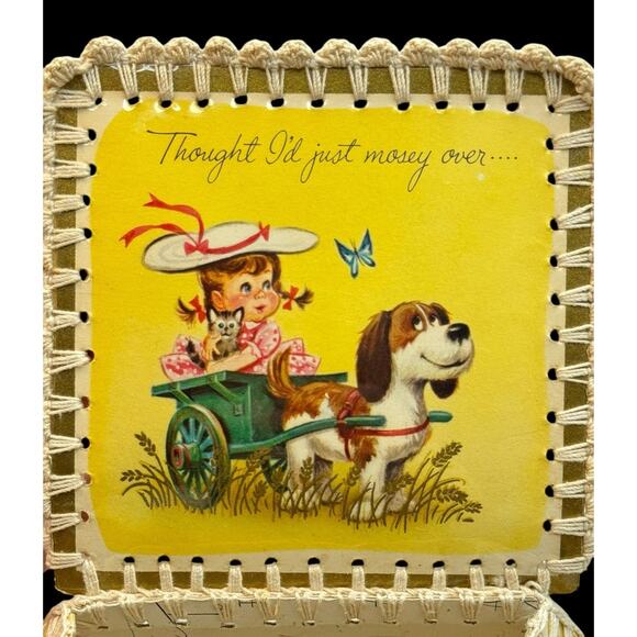 Vintage Handmade Stitched Ephemera Greeting Card Trinket Box Laminated Crochet - Picture 8 of 13